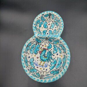 Vintage Dipinto A Mano Assisi Hand Painted Pottery Divided Dish Blue Rooster EUC